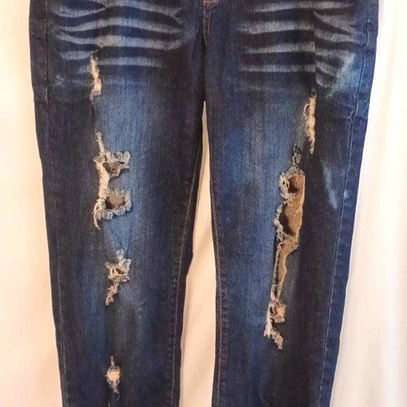 V.I.P JEANS Plus Size 14 Dark Blue Stone Washed Distress Holes Whiskering Boho - Picture 3 of 13